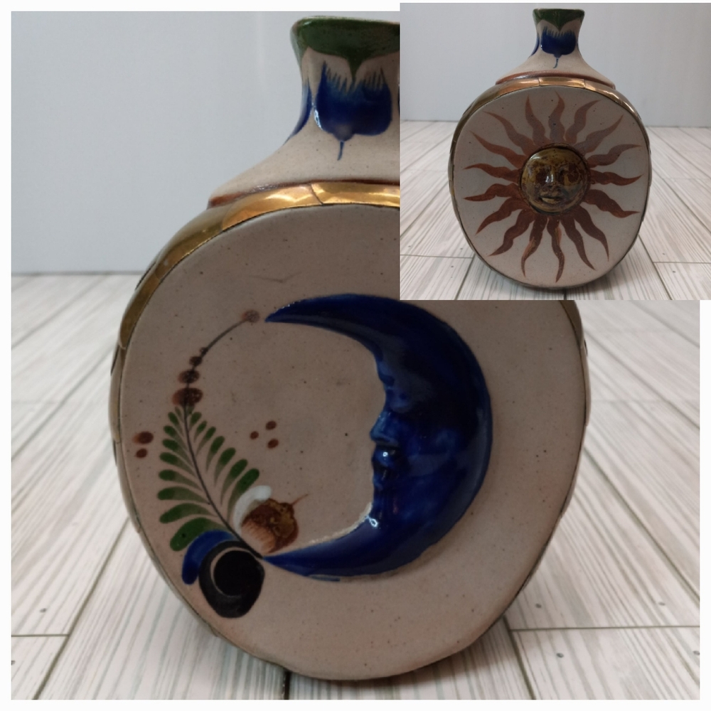 Vintage Mexican Tonala Hand Painted Pottery Sun & Moon Folk Art Brass Vase
